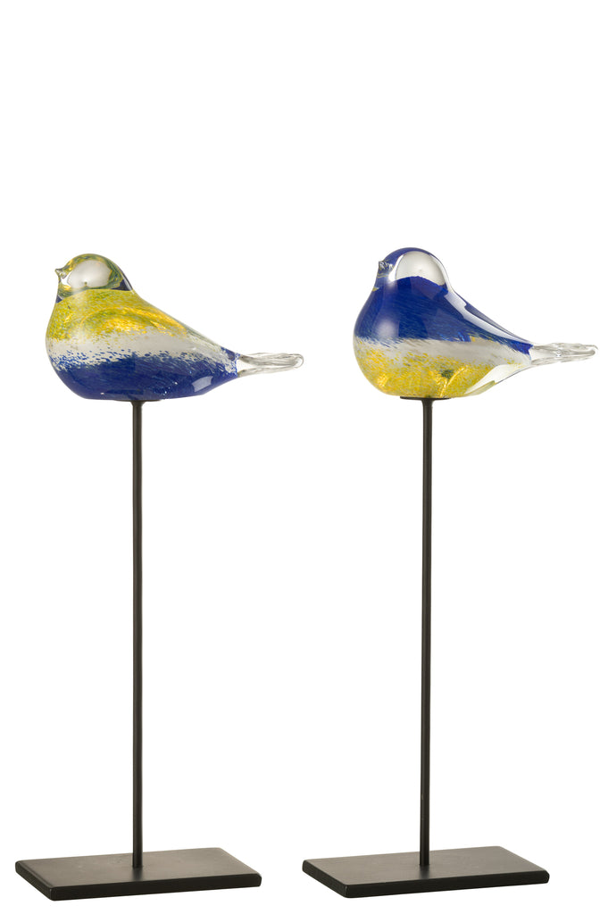 Vogel op voet Glas/Metaal Blauw/Geel Groot assortiment van 2