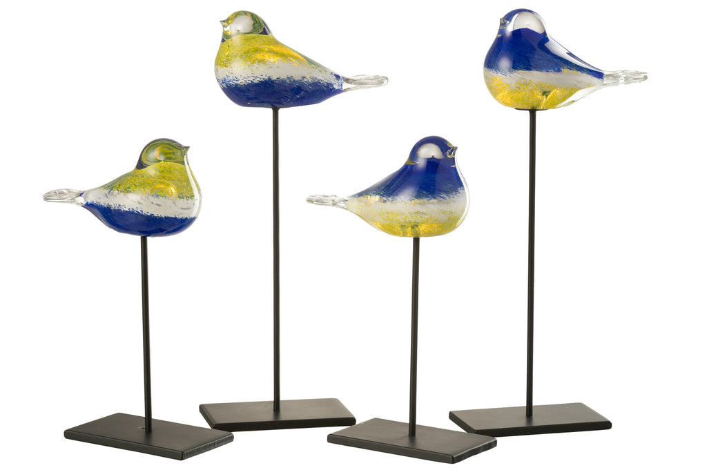 Vogel op voet Glas/Metaal Blauw/Geel Groot, set van 2
