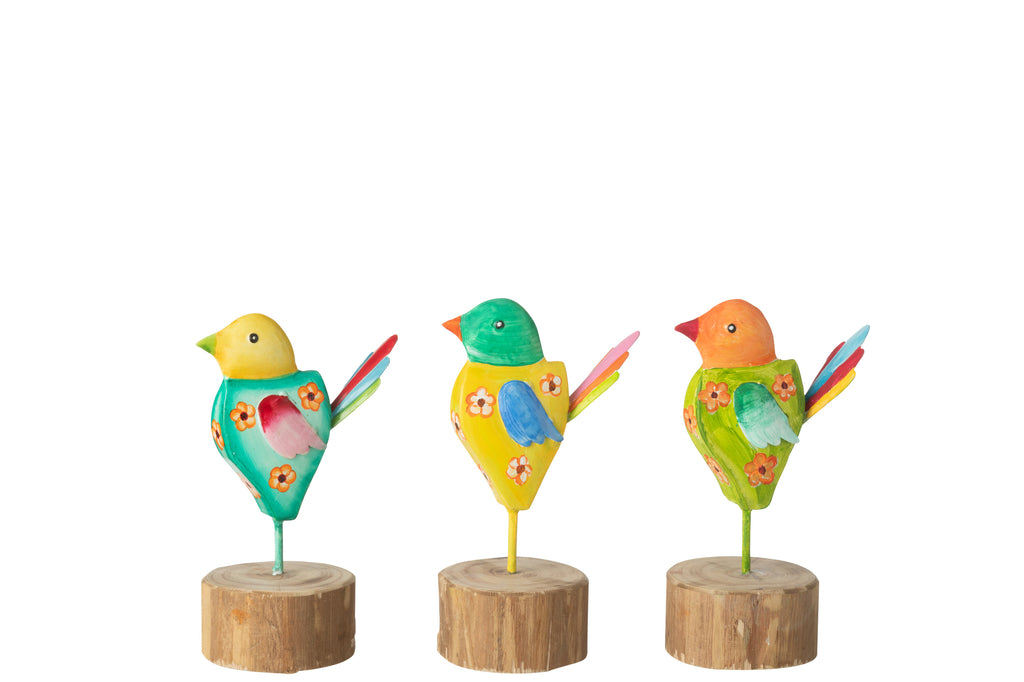 Bird On Stand Flowers Iron/Wood Mix Small, Set Of 3