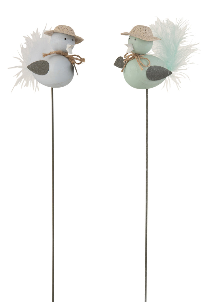 Bird On Stick Wood/Metal Blue/Azure, Set Of 2