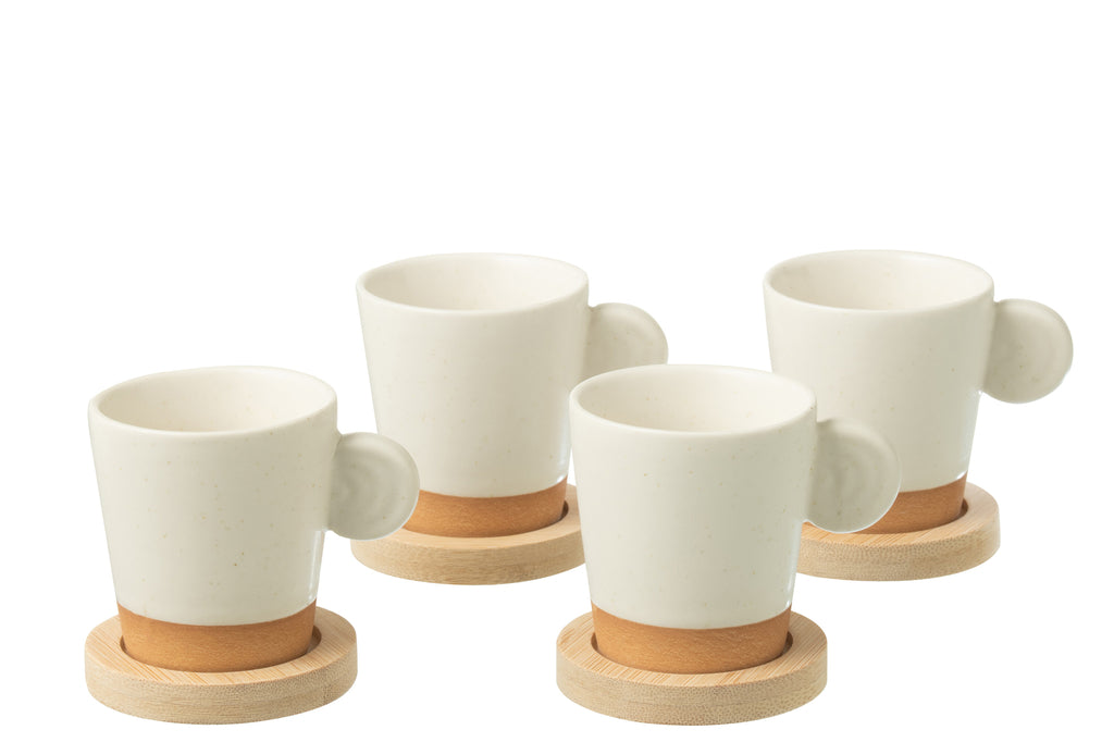 J-Line Doos met 4 koffiekopjes Oor+Bamboe Basis Keramiek Wit/Natuurlijk