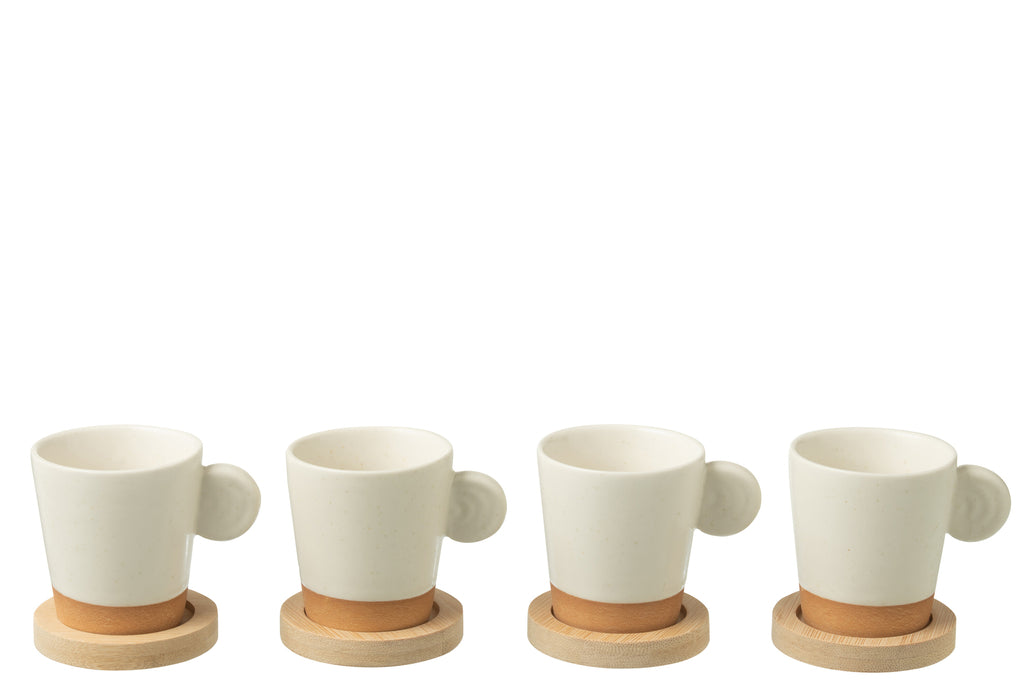 J-Line Doos met 4 koffiekopjes Oor+Bamboe Basis Keramiek Wit/Natuurlijk
