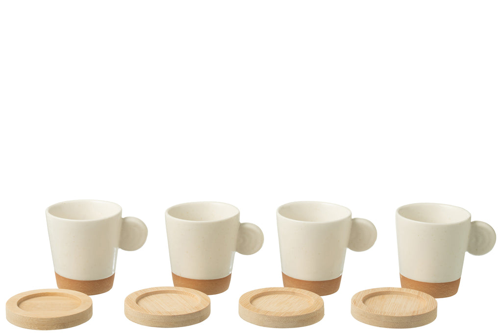 J-Line Doos met 4 koffiekopjes Oor+Bamboe Basis Keramiek Wit/Natuurlijk