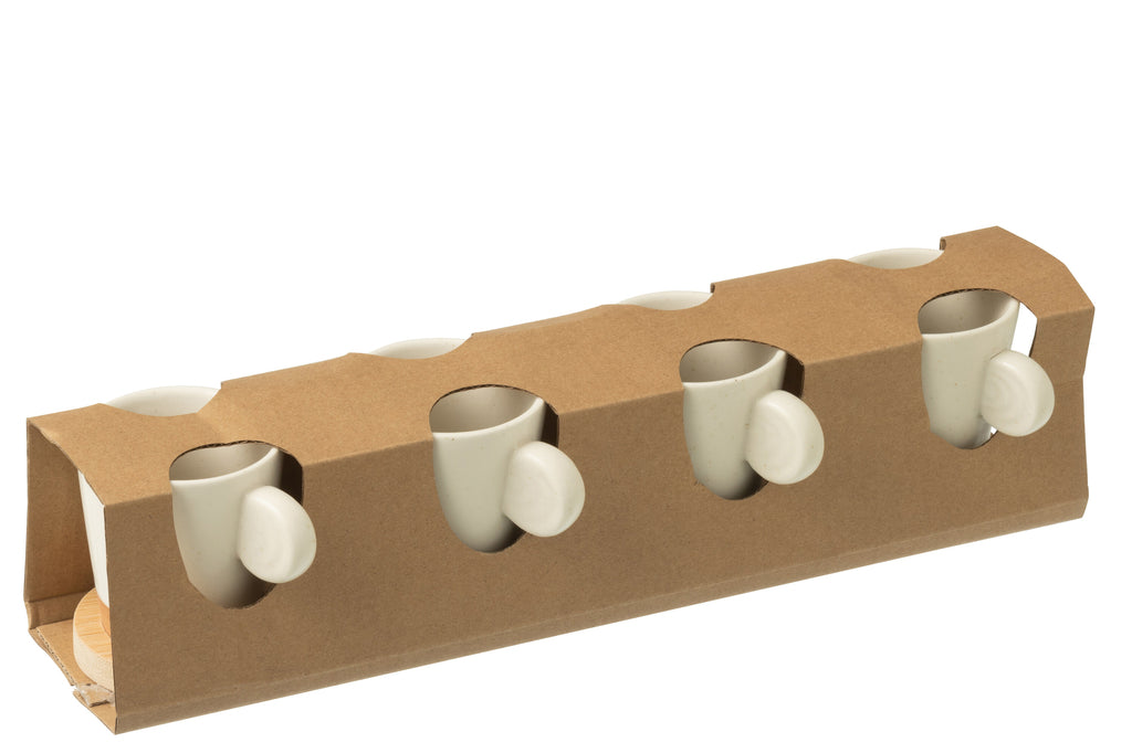 J-Line Doos met 4 koffiekopjes Oor+Bamboe Basis Keramiek Wit/Natuurlijk