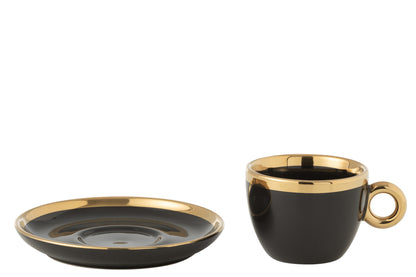 J-Line Doos met 4 kopjes en schotels van keramiek zwart/goud