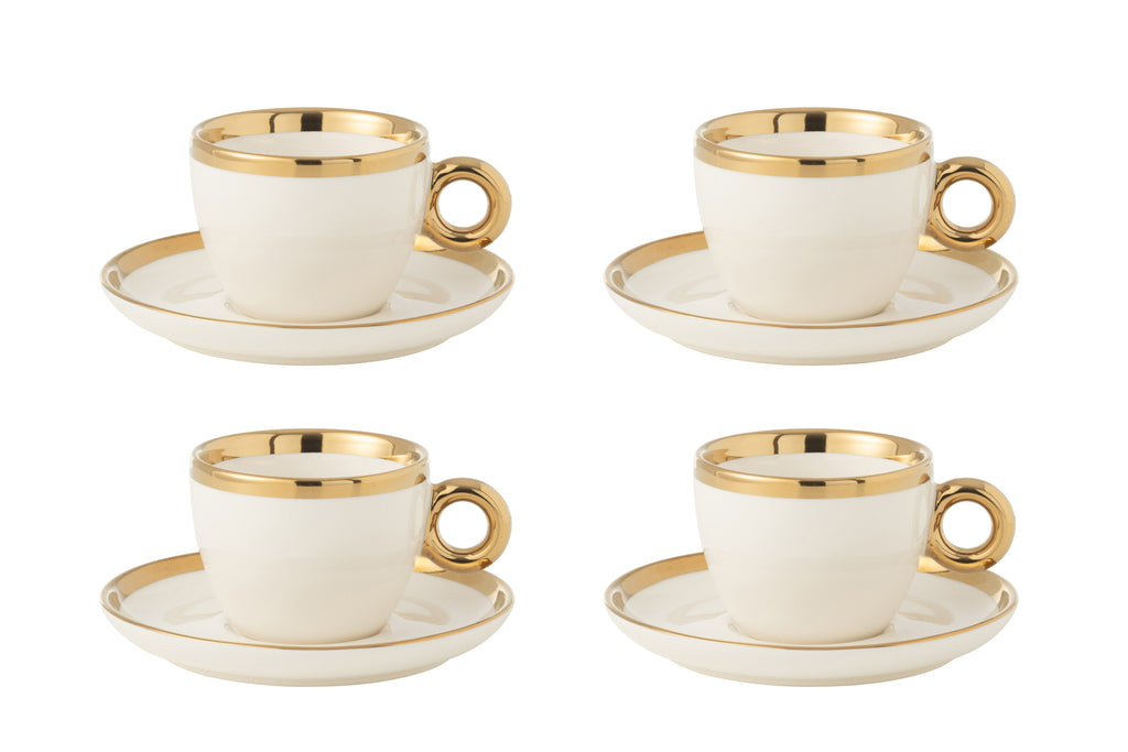 J-Line Doos van 4 kopjes en schotels van keramiek wit/goud