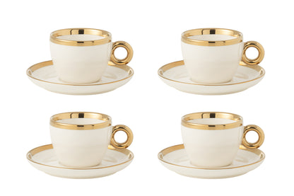 J-Line Doos van 4 kopjes en schotels van keramiek wit/goud