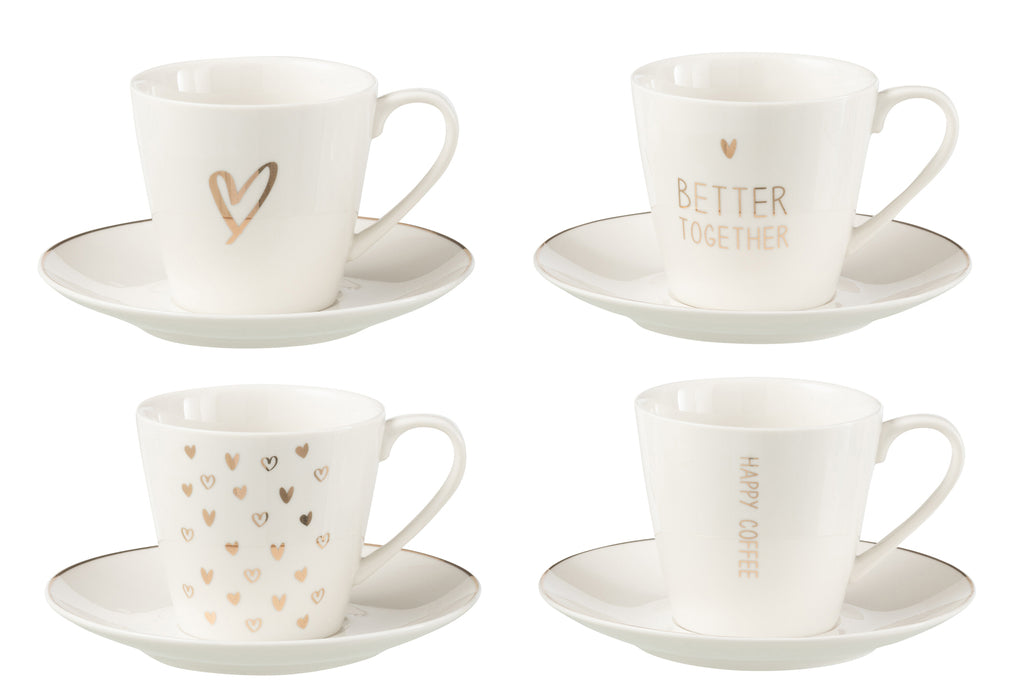 J-Line Doos met 4 theekopjes en schotels Hart Raamdoos Keramiek Wit Groot