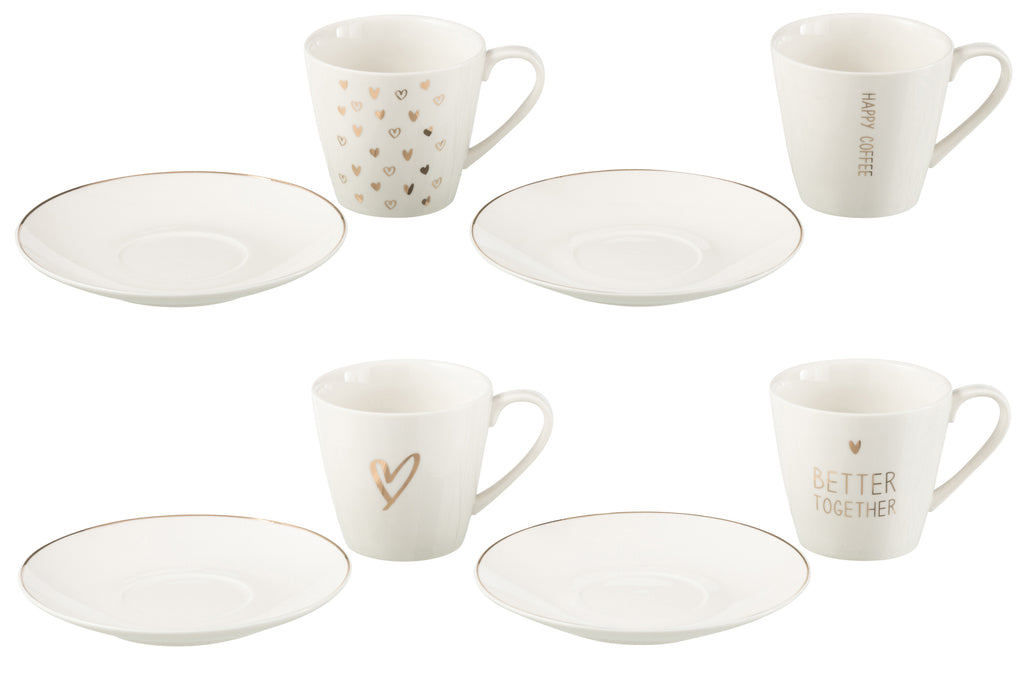 J-Line Doos met 4 theekopjes en schotels Hart Raamdoos Keramiek Wit Groot