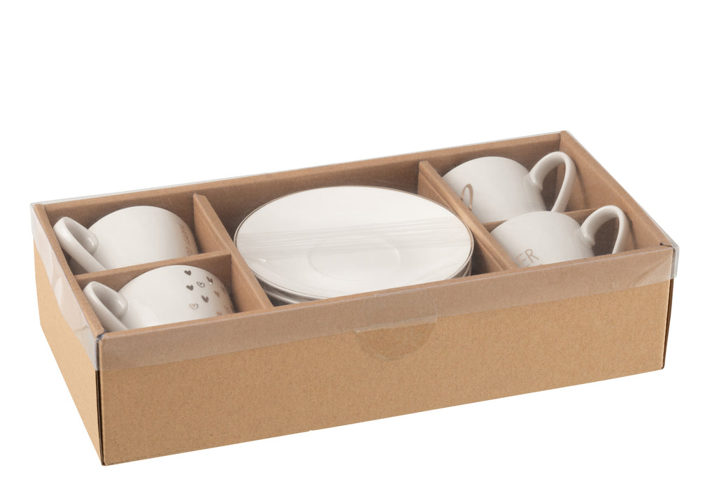 J-Line Doos met 4 theekopjes en schotels Hart Raamdoos Keramiek Wit Groot
