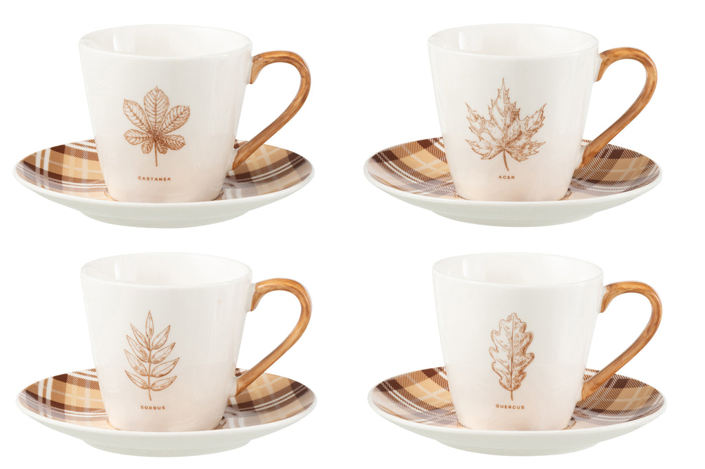 J-Line Doos met 4 theekopjes + schotels Blad Windownbox Keramiek Bruin Groot