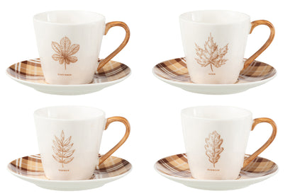 J-Line Doos met 4 theekopjes + schotels Blad Windownbox Keramiek Bruin Groot