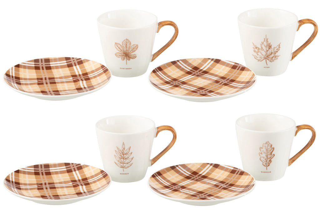 J-Line Doos met 4 theekopjes + schotels Blad Windownbox Keramiek Bruin Groot