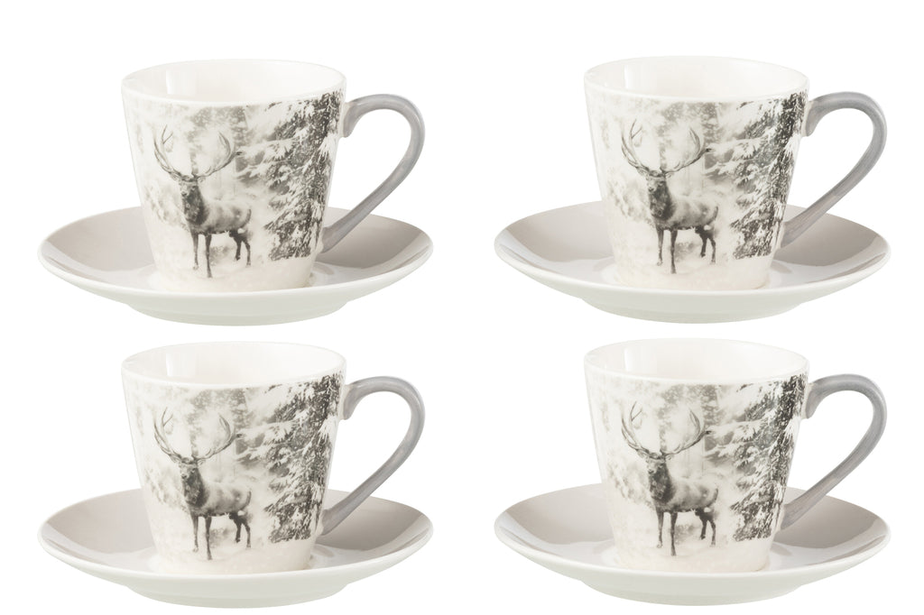 J-Line Doos met 4 theekopjes + schotels, rendier raamdoos keramiek grijs groot