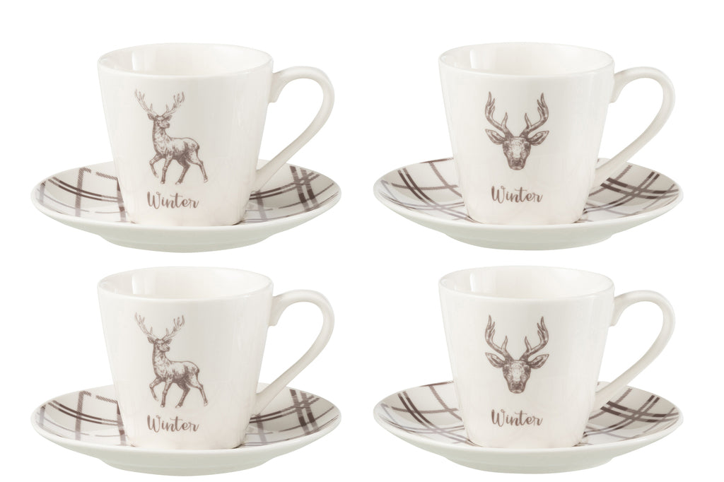 J-Line Doos met 4 theekopjes + schotels rendier raamdoos keramiek wit/bruin groot