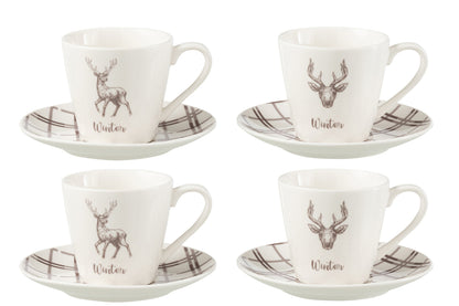 J-Line Doos met 4 theekopjes + schotels rendier raamdoos keramiek wit/bruin groot
