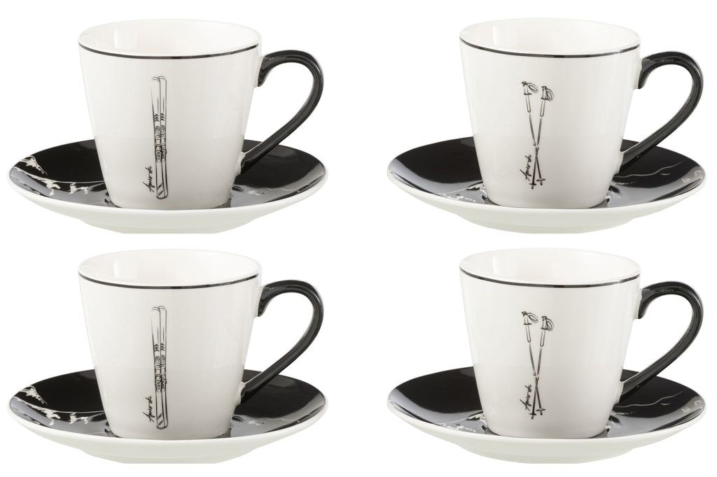 J-Line Doos met 4 theekopjes en schotels in zwart/wit keramiek, groot.