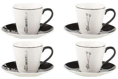 J-Line Doos met 4 theekopjes en schotels in zwart/wit keramiek, groot.