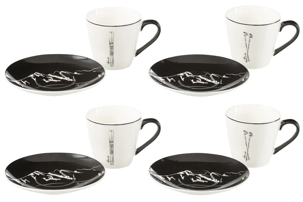 J-Line Doos met 4 theekopjes en schotels in zwart/wit keramiek, groot.
