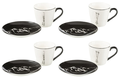 J-Line Doos met 4 theekopjes en schotels in zwart/wit keramiek, groot.