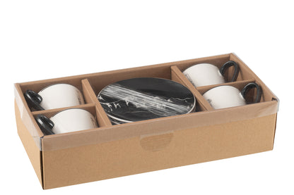 J-Line Doos met 4 theekopjes en schotels in zwart/wit keramiek, groot.