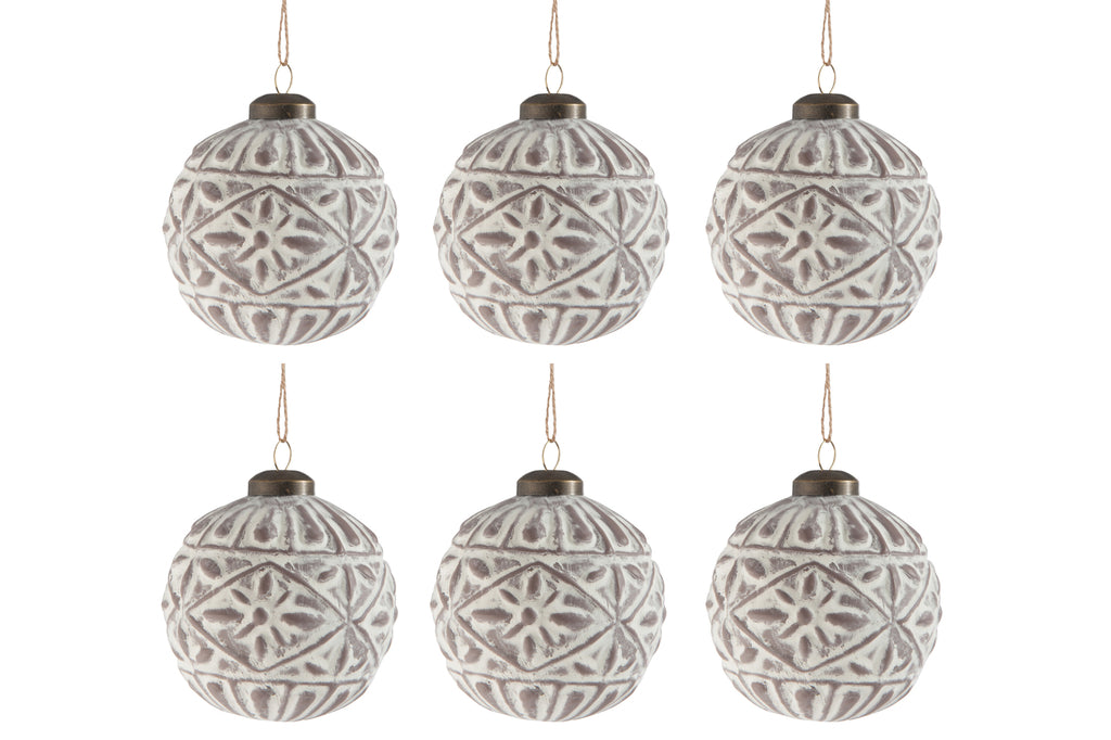J-Line Box Of 6 Christmas Ball Pattern Matte White/Taupe