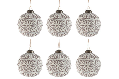 J-Line Box Of 6 Christmas Ball Pattern Matte White/Taupe