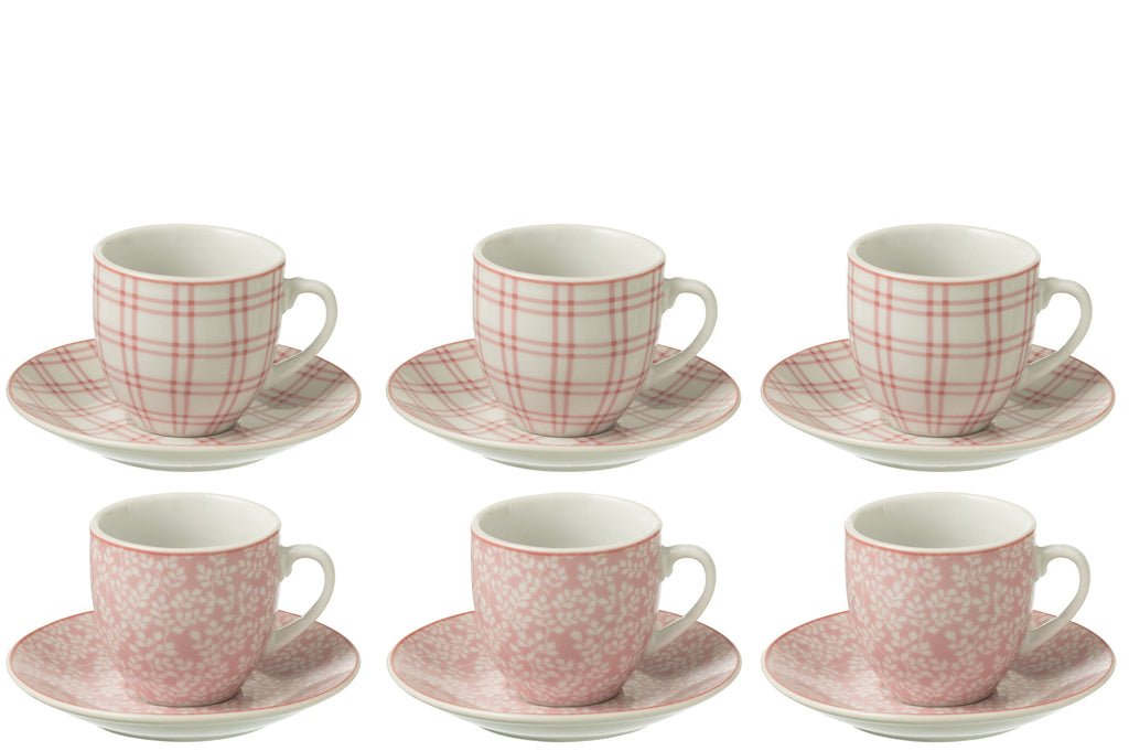 J-Line Doos van 6 koffiekopjes + schotels keramiek roze