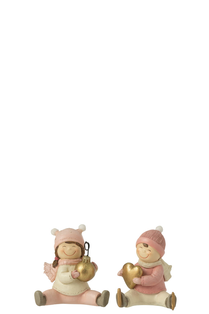 Jongen + Meisje Zittend Hart Kerstbal Hars Roze Assortiment Van 2