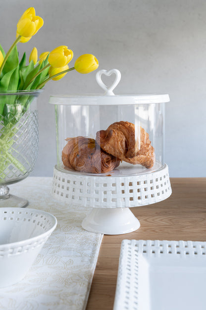 Taartplateau onder glas keramiek wit groot