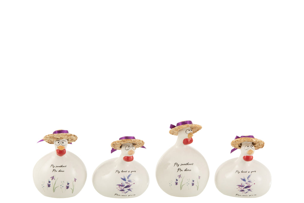 Chicken Quotes+Hat Ceramic White/Purple Small, Set Of 4