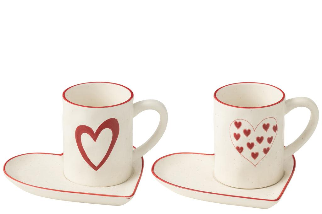 Kopjes + Schotel Harten Porselein Wit/Rood Assortiment Van 2