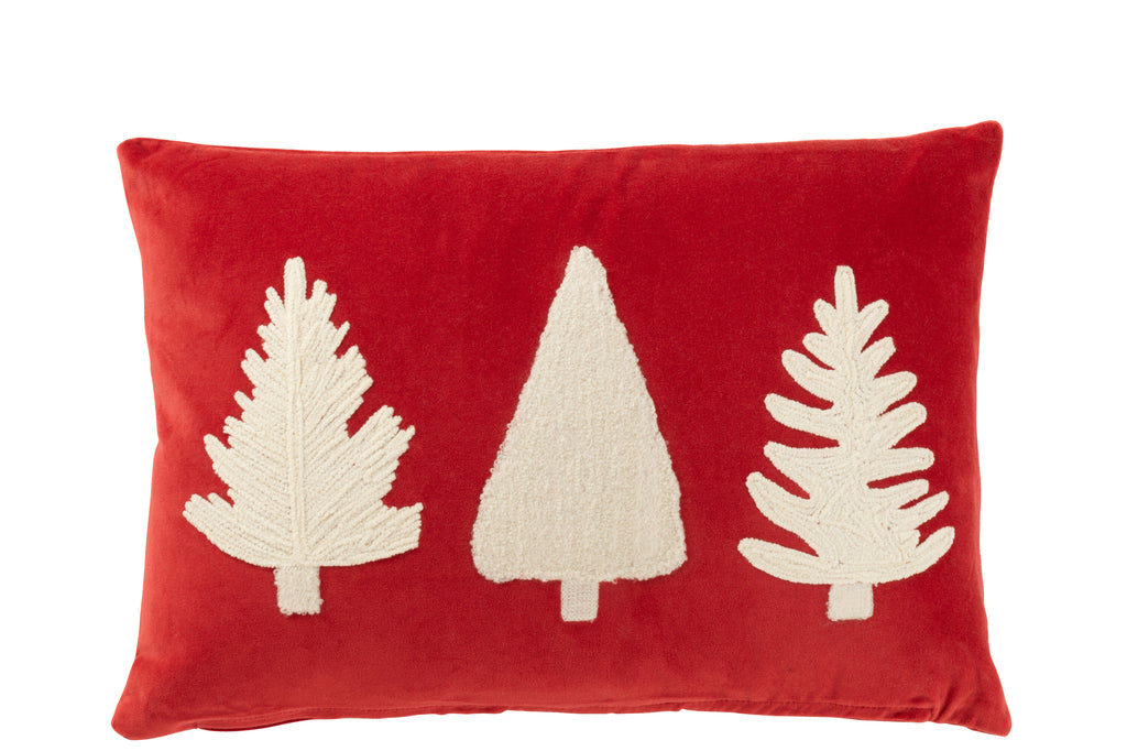 J-Line Kussen Rechthoek Kerstbomen Textuur Fluweel Rood/Wit