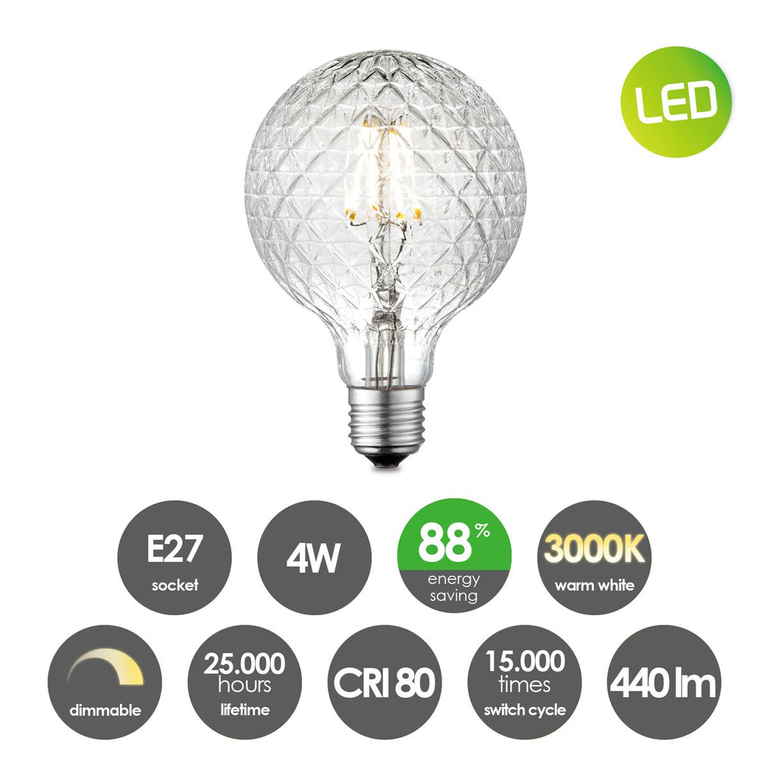 dimbare LED Globe Deco E27 G95 4W 440Lm 3000K Goud