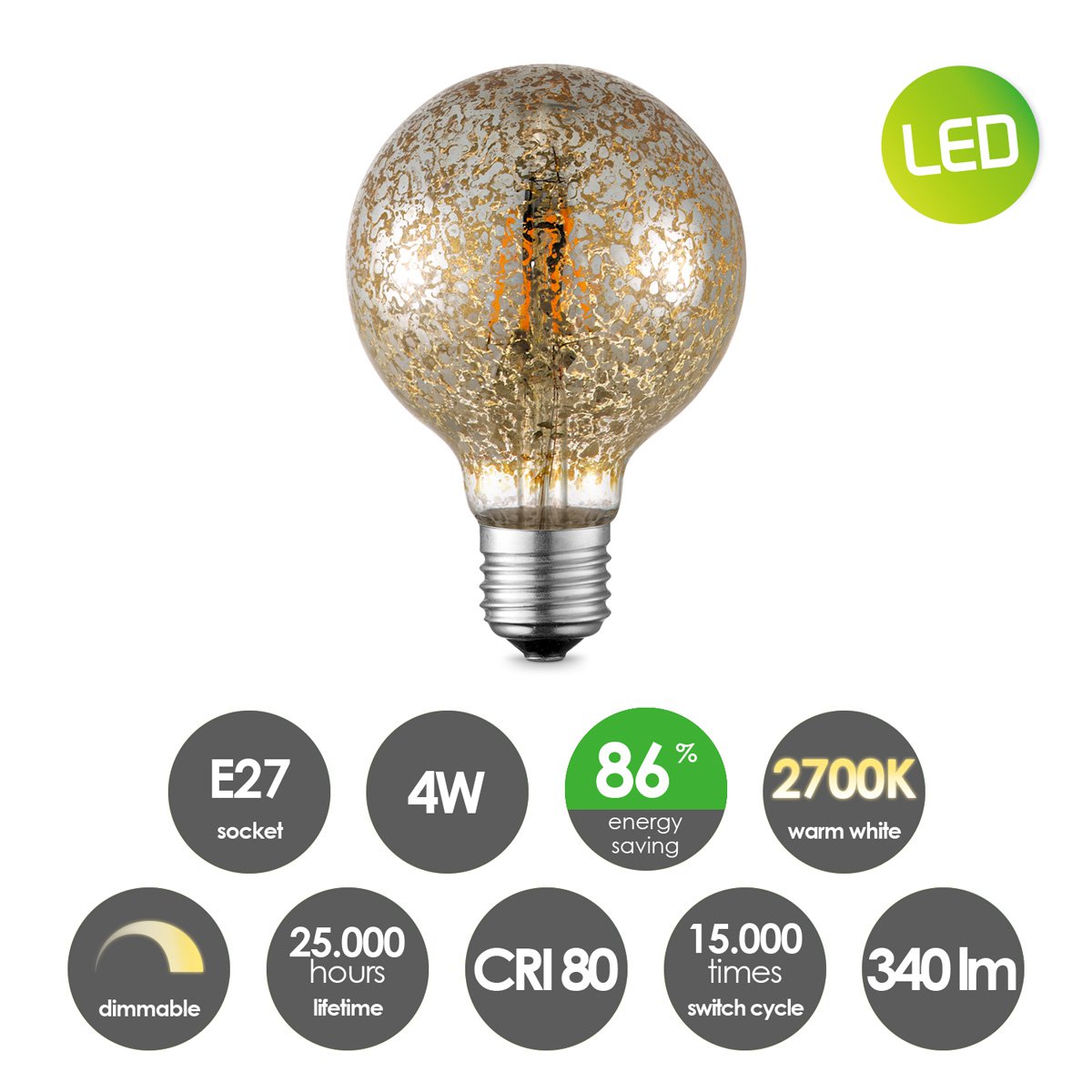 dimbare LED Globe Deco E27 G95 4W 340Lm 2700K Goud