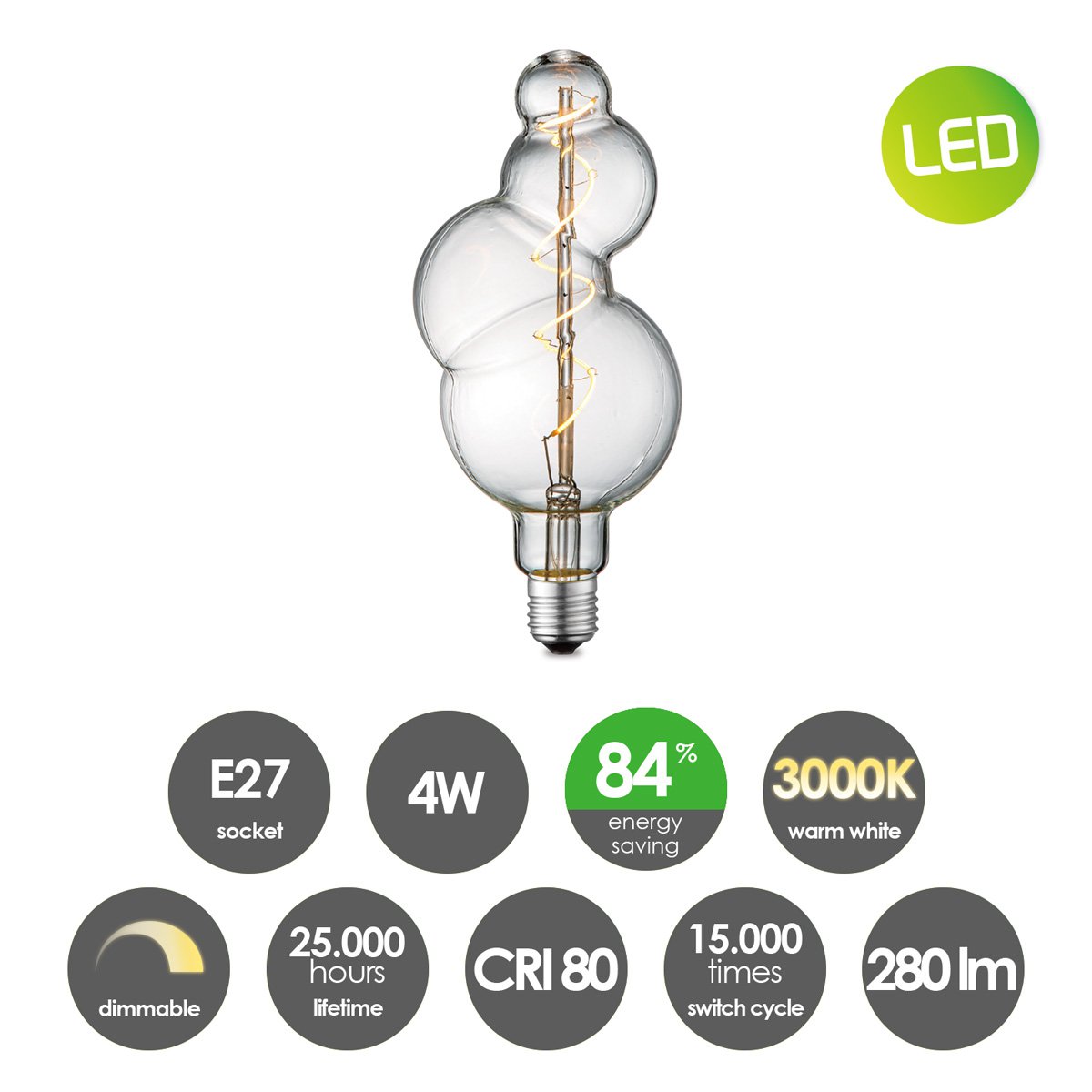 dimbare Led Bubbel Spiraal E27 4W 300Lm 3000K Helder