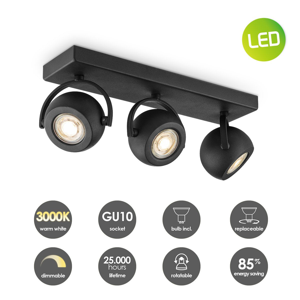 LED Opbouwspot Nop 3 - incl. dimbare LED lamp - zwart