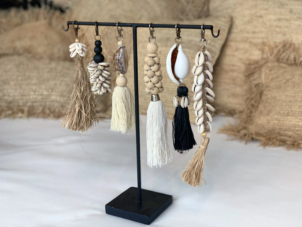 De Raffia Fishbone Sleutelhanger - Naturel Wit