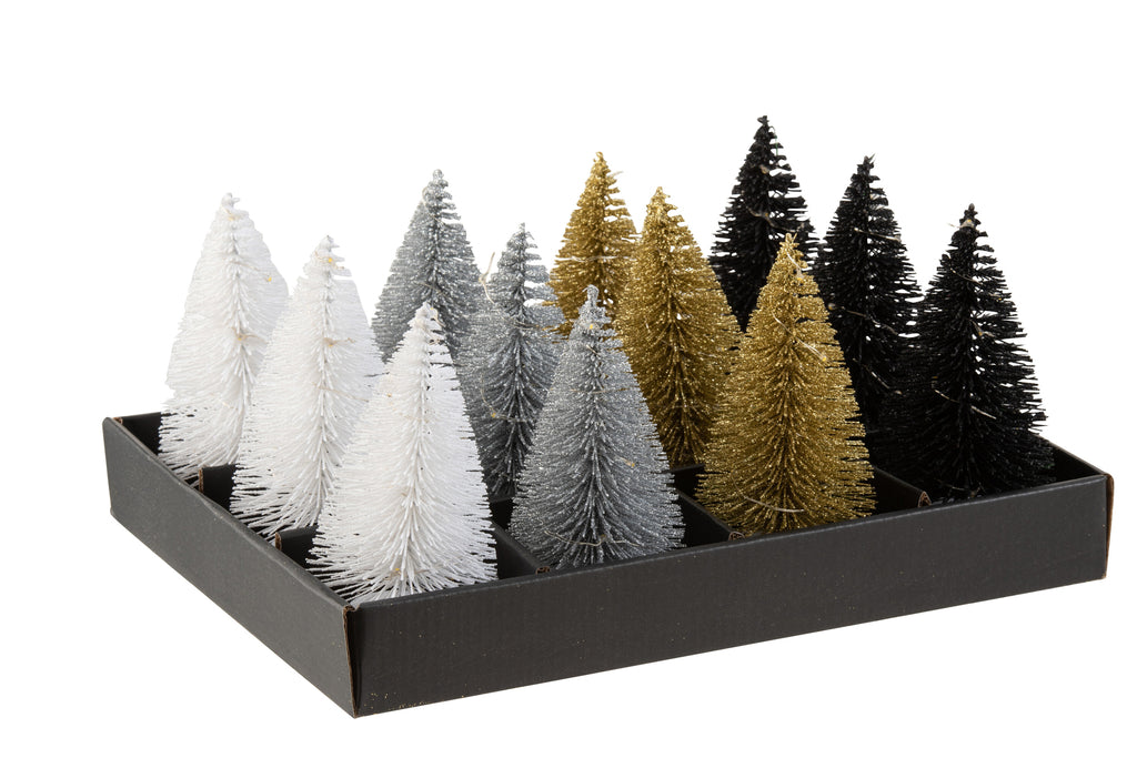J-Line Display 12Kerstboom+Led Glitter Plastic Zwart/Zilver/Goud