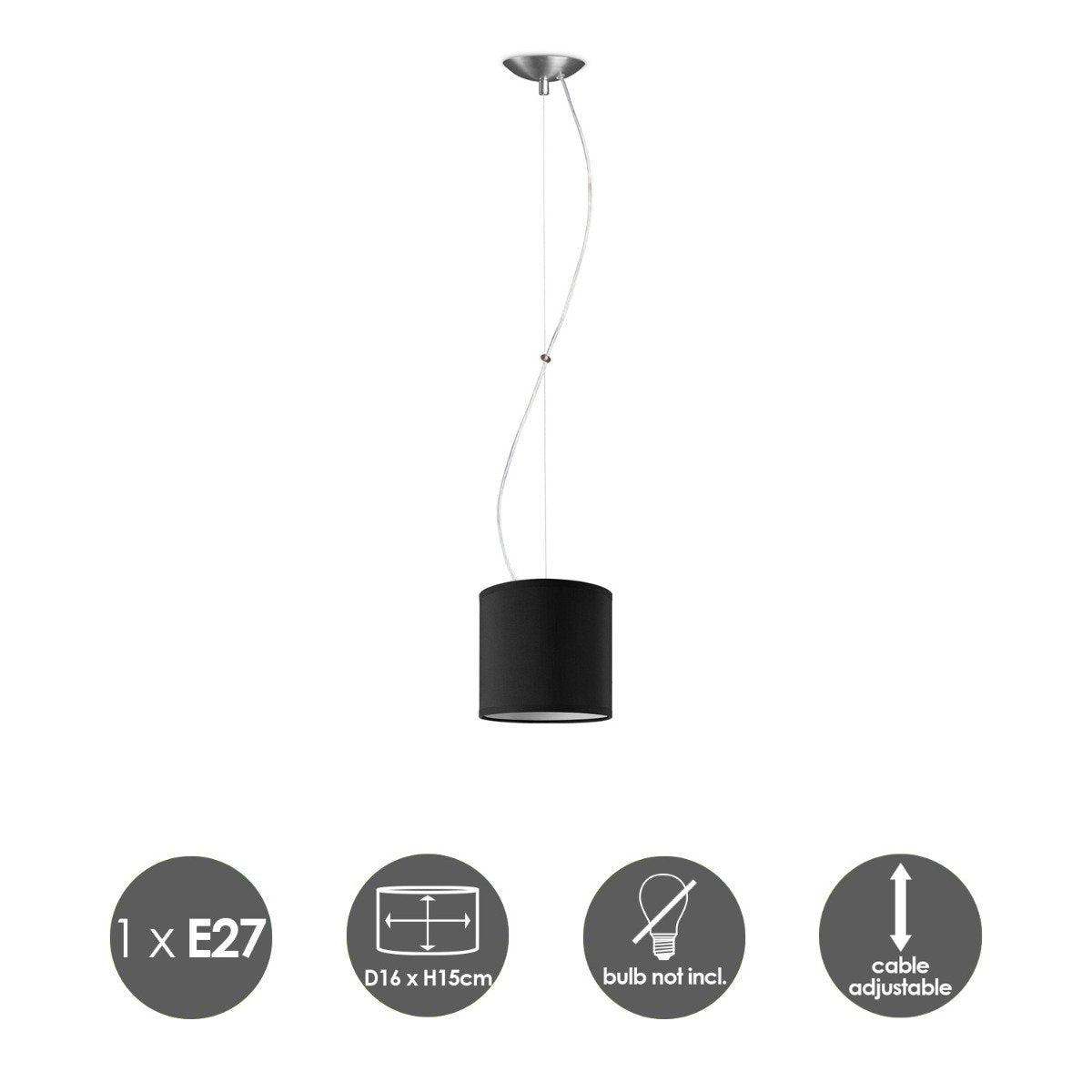 hanglamp Deluxe met lampenkap, E27, zwart, 16cm