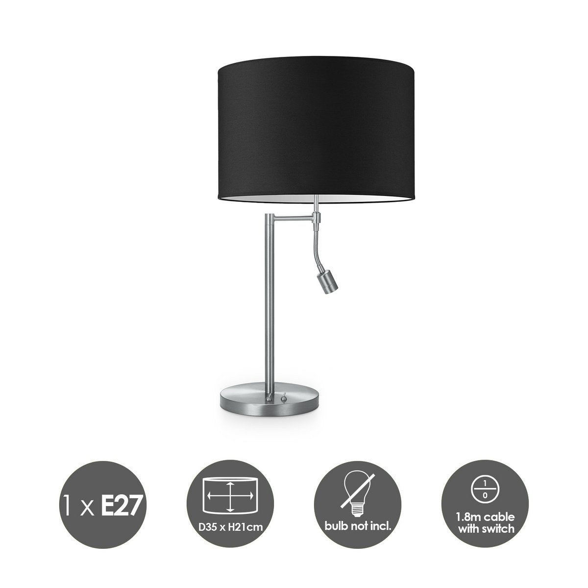 Tafellamp Read, LED Leeslamp, E27, zwart 35x35x47cm