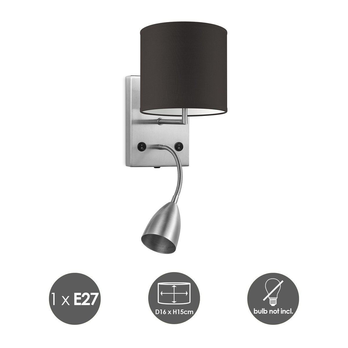 Wandlamp - Read, LED Leeslamp, E27, chocolade 16cm