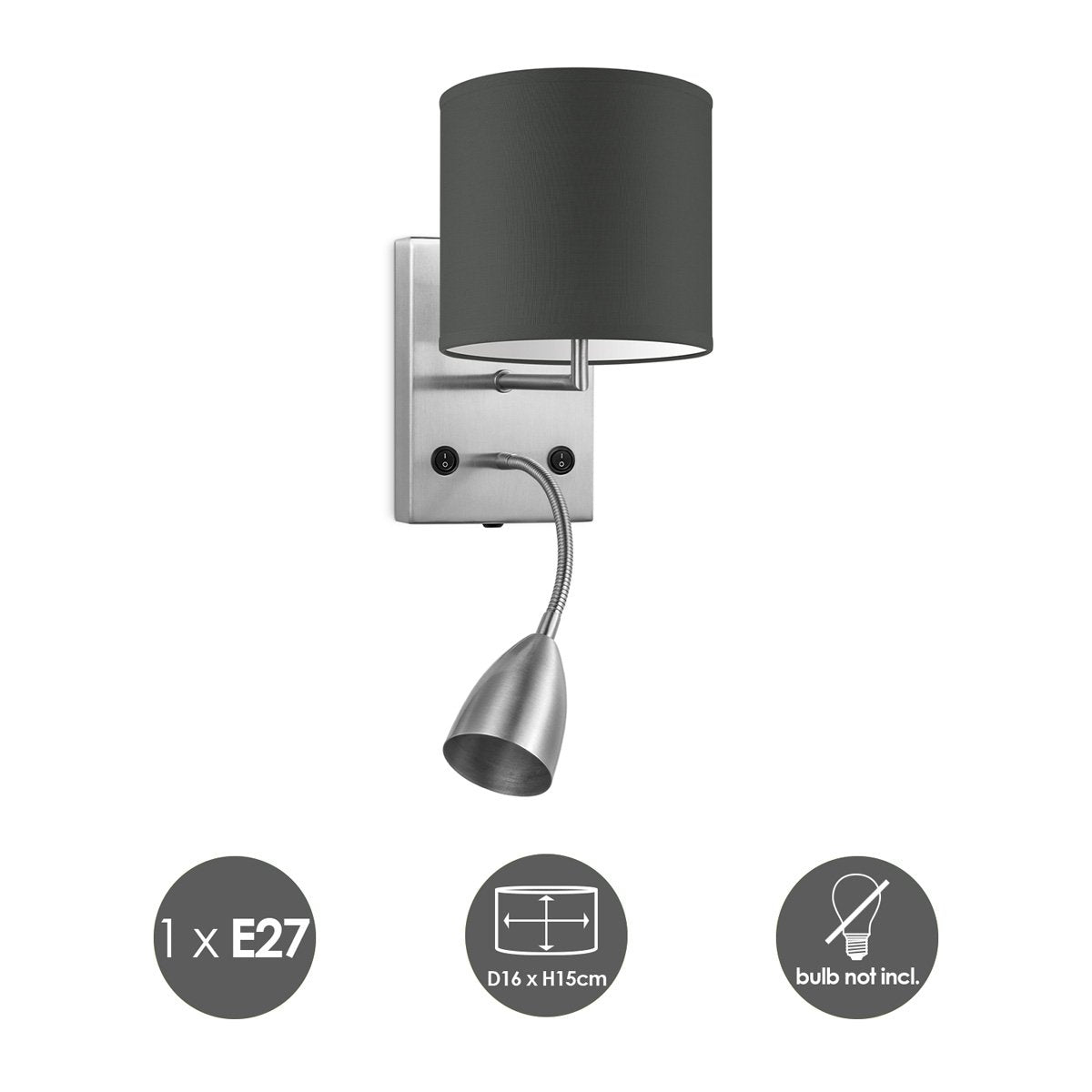 Wandlamp - Read, LED Leeslamp, E27, antraciet 16cm