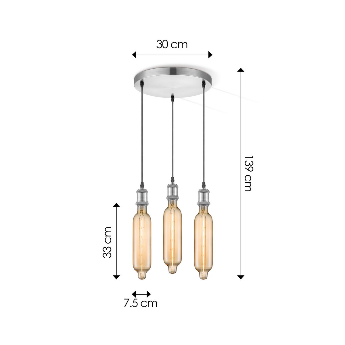 hanglamp chroom rond Tube 3L G125 dimbaar E27 amber