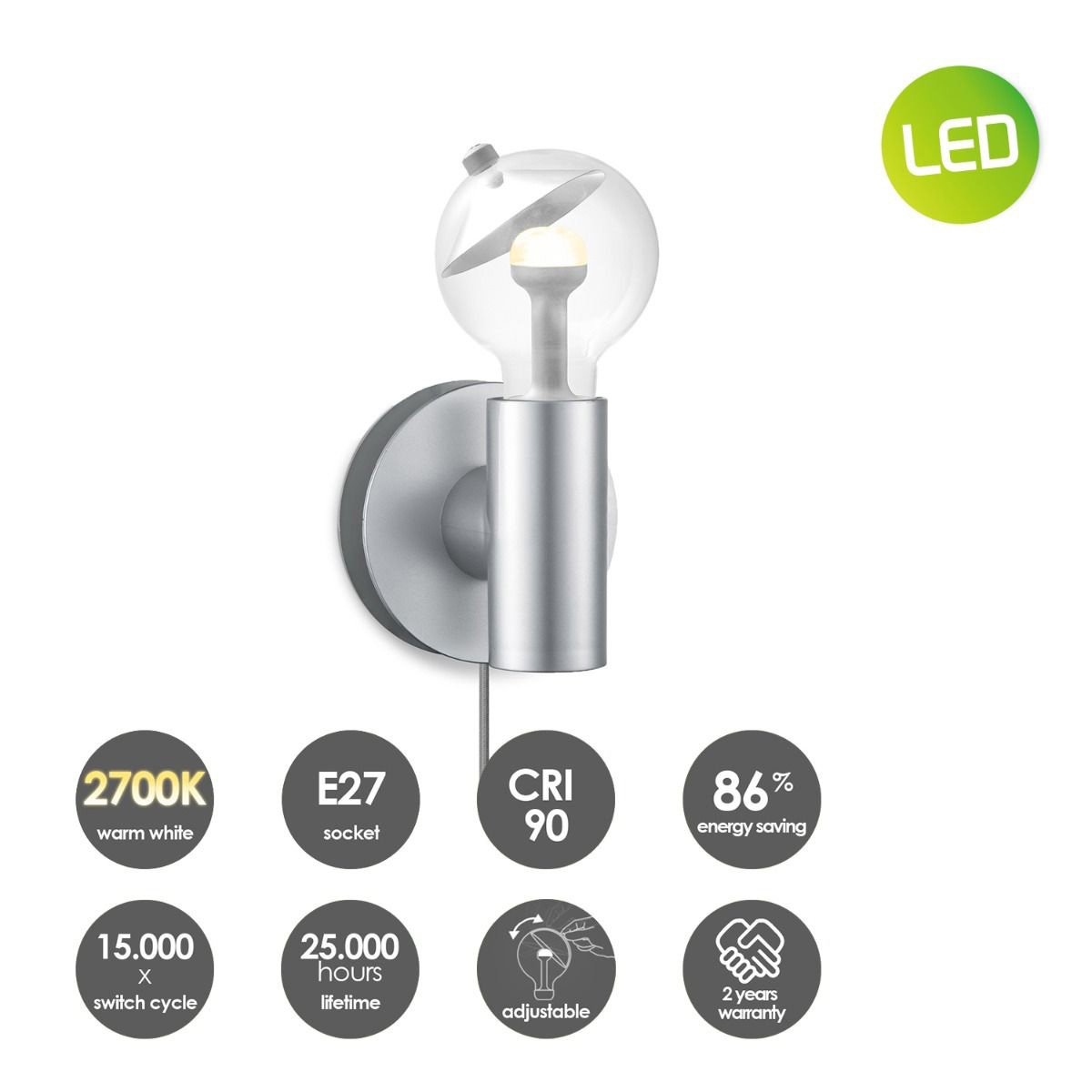 Wandlamp Move Me - Wally Cone 5.5W 2700K grijs-zilver