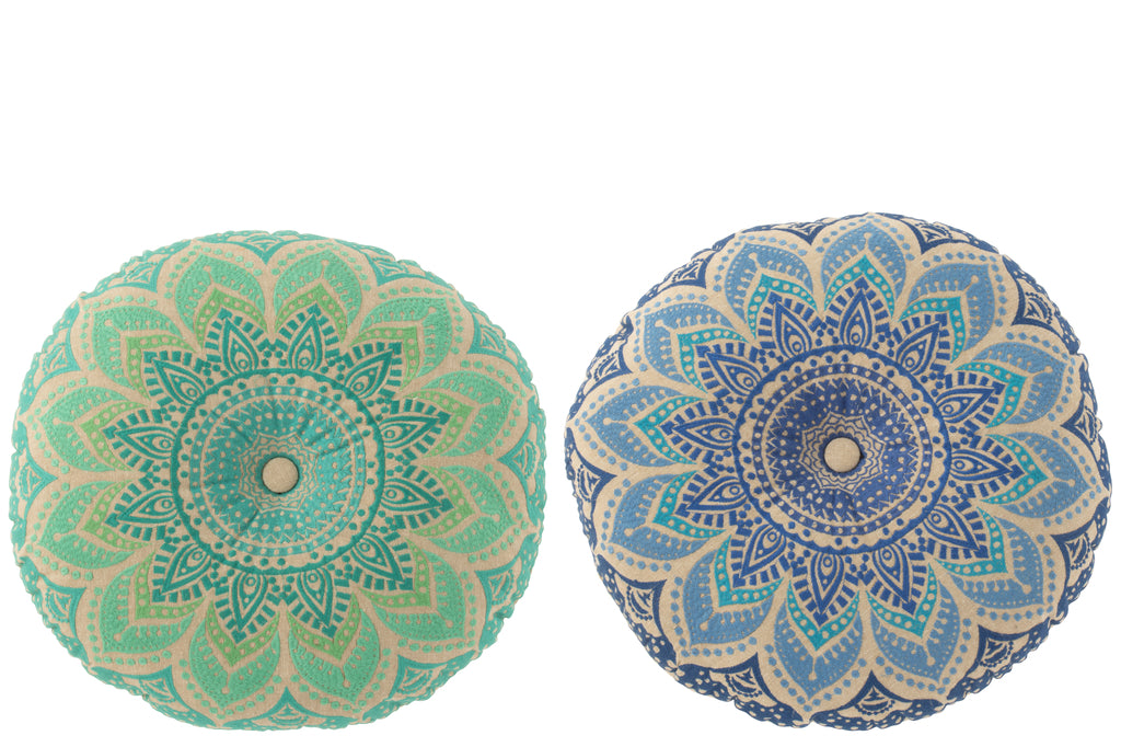 Vloerkussen Rond Bloem Katoen Turquoise/Blauw, set van 2