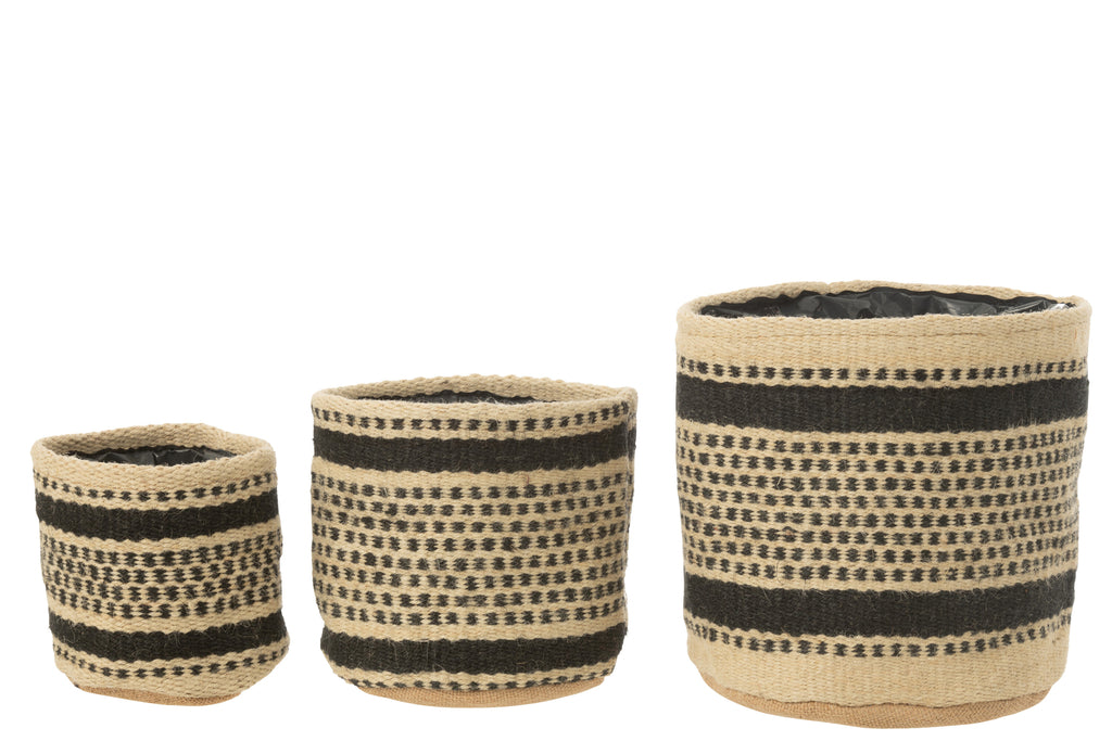 Bloempot/Mand Strepen/Stippen Jute/Plastic Ecru/Zwart Groot