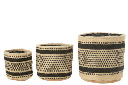 Bloempot/Mand Strepen/Stippen Jute/Plastic Ecru/Zwart Groot