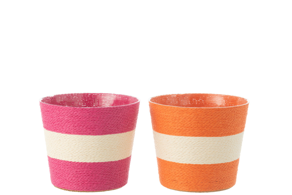 Bloempot Touwen Streep Papier/Huisdier Roze/Oranje Groot Assortiment Van 2