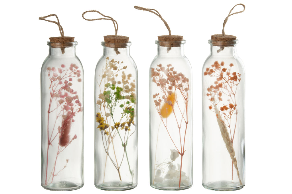 Hanging Bottles Colourful Dried Flowers Glass Mix Medium, Set Of 4